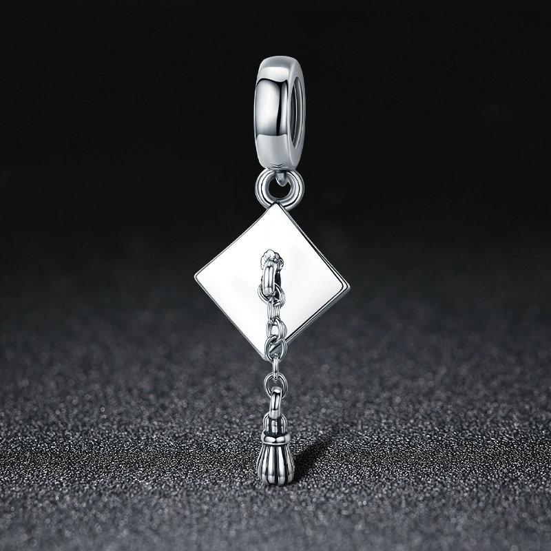 Authentic 925 Sterling Silver Graduate Trencher Cap Long Tassel Pendant Charm fit Women Bracelet DIY Jewelry Gift SCC459