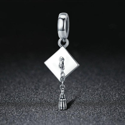 Authentic 925 Sterling Silver Graduate Trencher Cap Long Tassel Pendant Charm fit Women Bracelet DIY Jewelry Gift SCC459