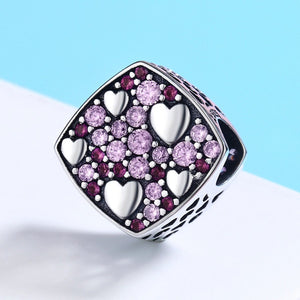 Authentic 925 Sterling Silver Pink Crystal Heart Square Charm Beads fit Charm Bracelet Jewelry Girlfriend Gift SCC471