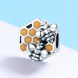 New Collection 925 Sterling Silver Honeycomb Honey Bee Square Charm Beads fit Women Bracelet DIY Jewelry Making SCC500