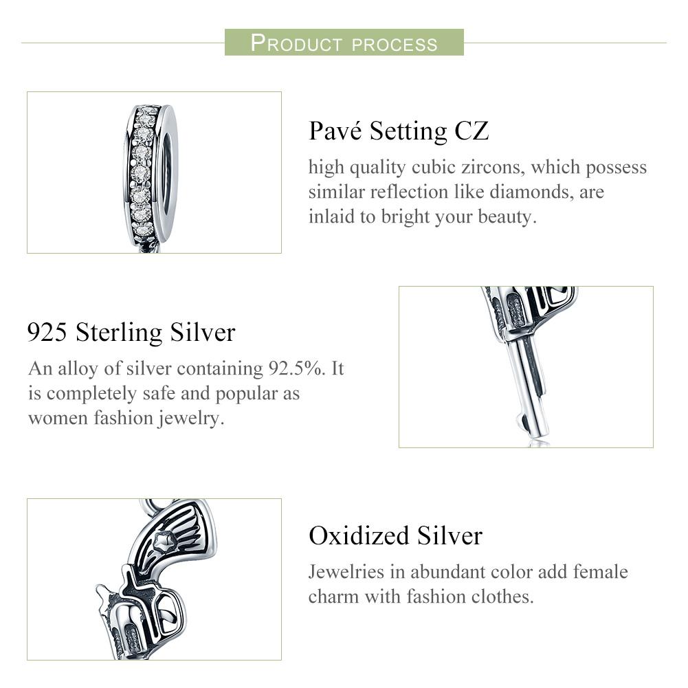 100% Real 925 Sterling Silver Vintage Revolver Pistol Pendant Charm fit Women Charm Bracelet DIY Beads Jewelry SCC508