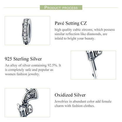 100% Real 925 Sterling Silver Vintage Revolver Pistol Pendant Charm fit Women Charm Bracelet DIY Beads Jewelry SCC508