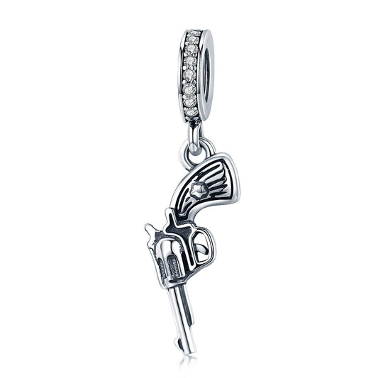 100% Real 925 Sterling Silver Vintage Revolver Pistol Pendant Charm fit Women Charm Bracelet DIY Beads Jewelry SCC508