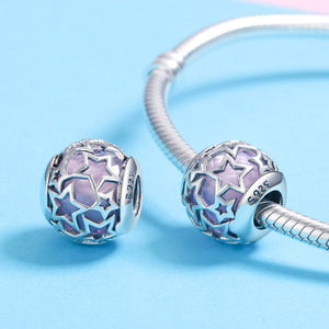 Genuine 100% 925 Sterling Silver Shimmering Star Purple Crystal CZ Beads fit Women Bracelets & Bangles Jewelry SCC510