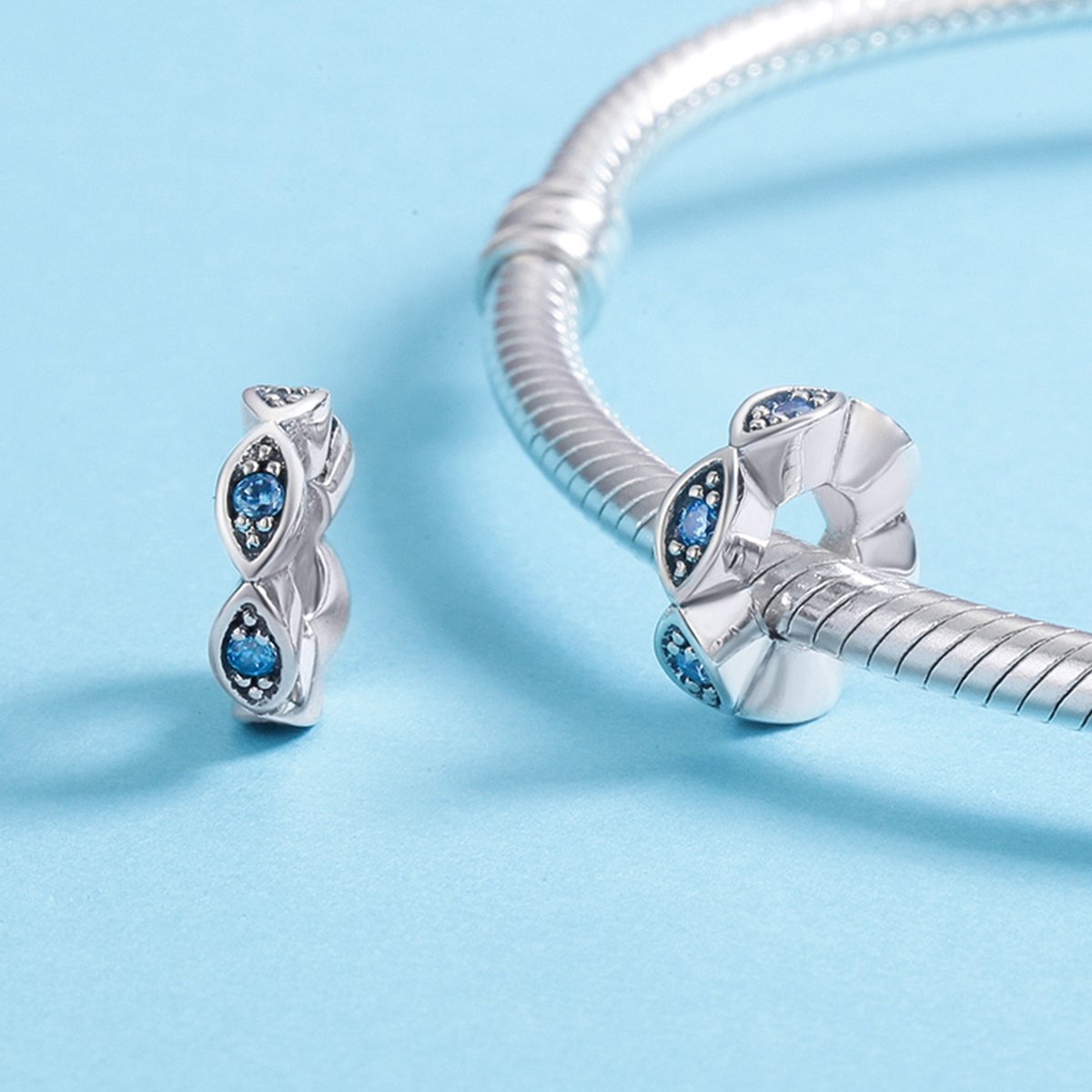 Real 100% 925 Sterling Silver Lucky Blue Eye Glittering CZ Spacer Charm Beads fit Original Women Bracelet Jewelry SCC513