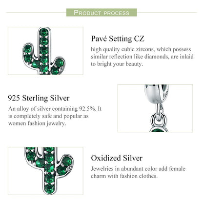 100% 925 Sterling Silver Strong Cactus Glittering Green CZ Pendant Charm fit Women Charm Bracelet DIY Jewelry SCC515