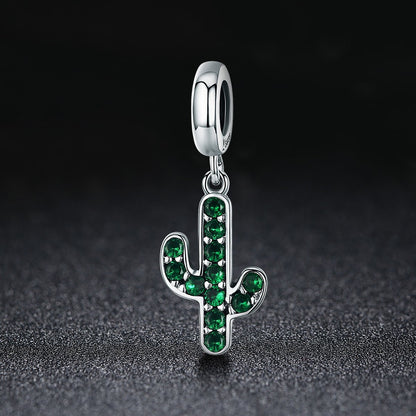 100% 925 Sterling Silver Strong Cactus Glittering Green CZ Pendant Charm fit Women Charm Bracelet DIY Jewelry SCC515