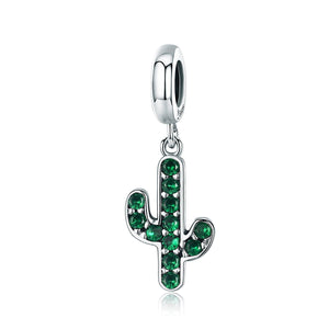 100% 925 Sterling Silver Strong Cactus Glittering Green CZ Pendant Charm fit Women Charm Bracelet DIY Jewelry SCC515