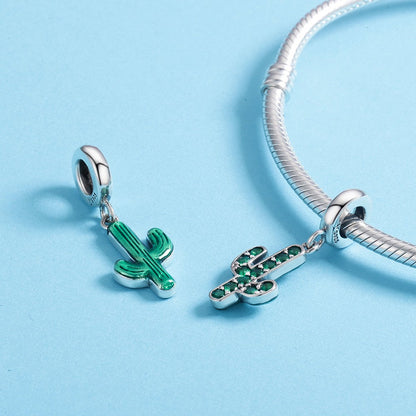 100% 925 Sterling Silver Strong Cactus Glittering Green CZ Pendant Charm fit Women Charm Bracelet DIY Jewelry SCC515