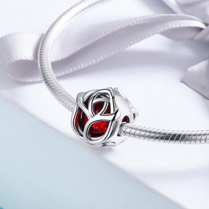 Romantic 100% 925 Sterling Silver Rose Flower Red Crystal Charm Beads fit Women Charm Bracelet DIY Jewelry Making SCC568