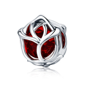 Romantic 100% 925 Sterling Silver Rose Flower Red Crystal Charm Beads fit Women Charm Bracelet DIY Jewelry Making SCC568