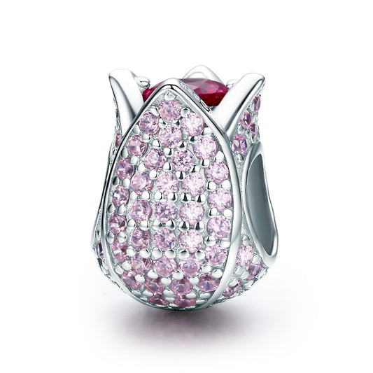 Romantic 925 Sterling Silver Tulip Flower Petals Pink CZ Beads fit Women Bracelet & Necklaces DIY Jewelry Making SCC569