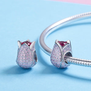 Romantic 925 Sterling Silver Tulip Flower Petals Pink CZ Beads fit Women Bracelet & Necklaces DIY Jewelry Making SCC569