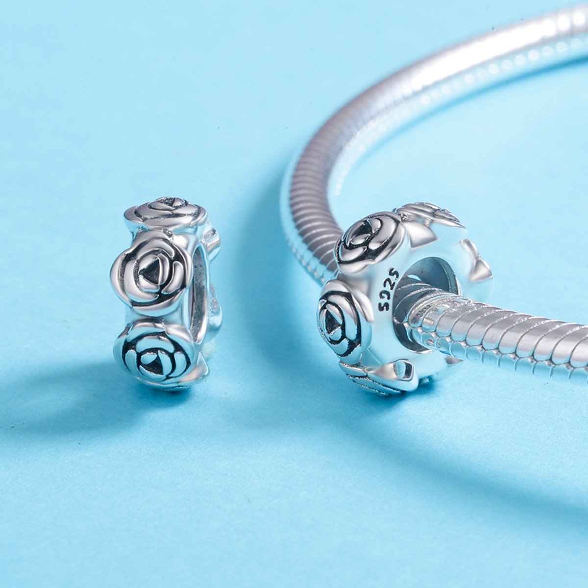 Real 925 Sterling Silver Romantic Stackable Rose Flower Beads fit Women Charm Bracelet Necklace Fine Jewelry S925 SCC596