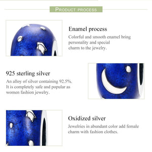 Authentic 100% 925 Sterling Silver Moon & Star Blue Enamel Spacer Beads fit Women Bracelet & Necklace DIY Jewelry SCC599