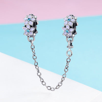 100% 925 Sterling Silver Purple Enamel Daisy Flower Safety Chain Stopper Charm fit Charm Bracelet DIY Jewelry SCC602