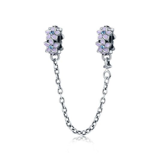 100% 925 Sterling Silver Purple Enamel Daisy Flower Safety Chain Stopper Charm fit Charm Bracelet DIY Jewelry SCC602