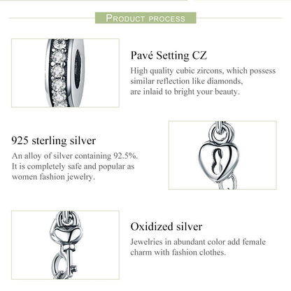 Authentic 925 Sterling Silver Stackable Heart Love Heart Dangle Safety Chain Charm fit Charm Bracelet DIY Jewelry SCC606