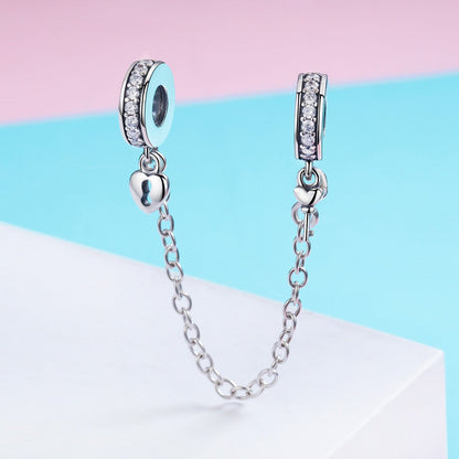 Authentic 925 Sterling Silver Stackable Heart Love Heart Dangle Safety Chain Charm fit Charm Bracelet DIY Jewelry SCC606