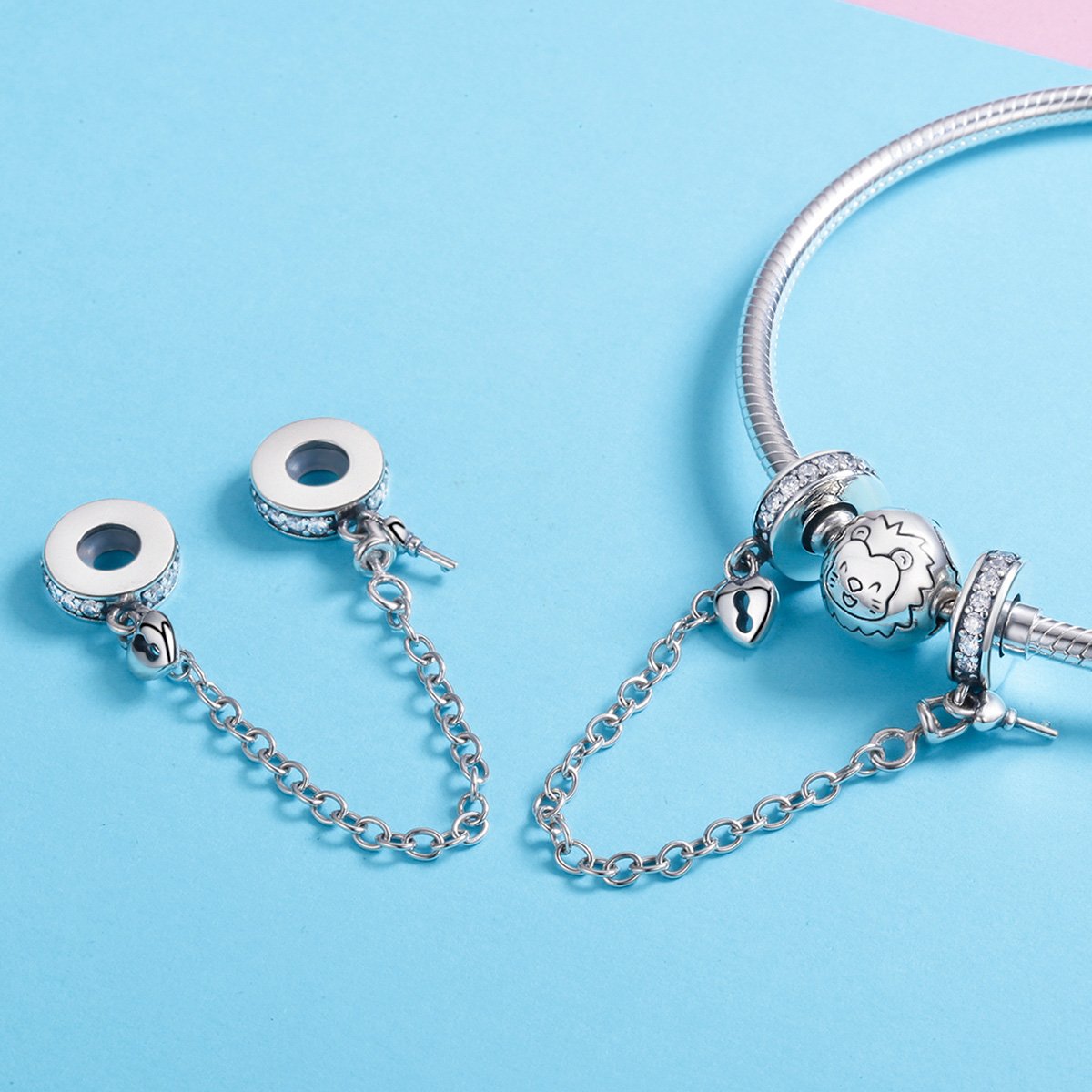 Authentic 925 Sterling Silver Stackable Heart Love Heart Dangle Safety Chain Charm fit Charm Bracelet DIY Jewelry SCC606