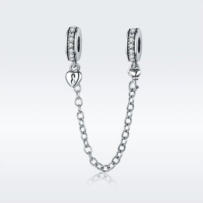 Authentic 925 Sterling Silver Stackable Heart Love Heart Dangle Safety Chain Charm fit Charm Bracelet DIY Jewelry SCC606