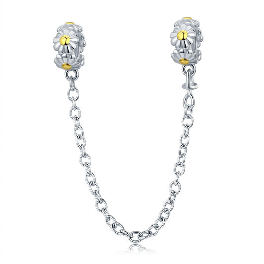 925 Sterling Silver Stackable Daisy Flower Safety Chain Stopper Charm fit Charm Bracelet DIY Jewelry SCC618
