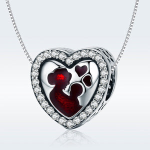 925 Sterling Silver Red Glass Mother's Love Heart Bead Charm