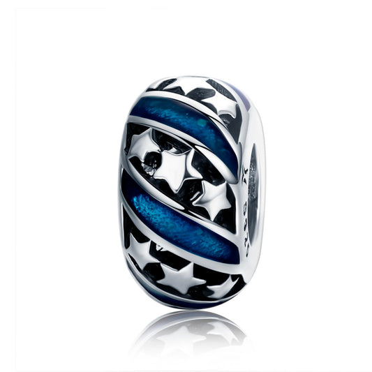 Genuine 925 Sterling Silver Sparkling Star Blue Enamel Spacer Beads fit Women Bracelet Bangles DIY Fine Jewelry SCC636