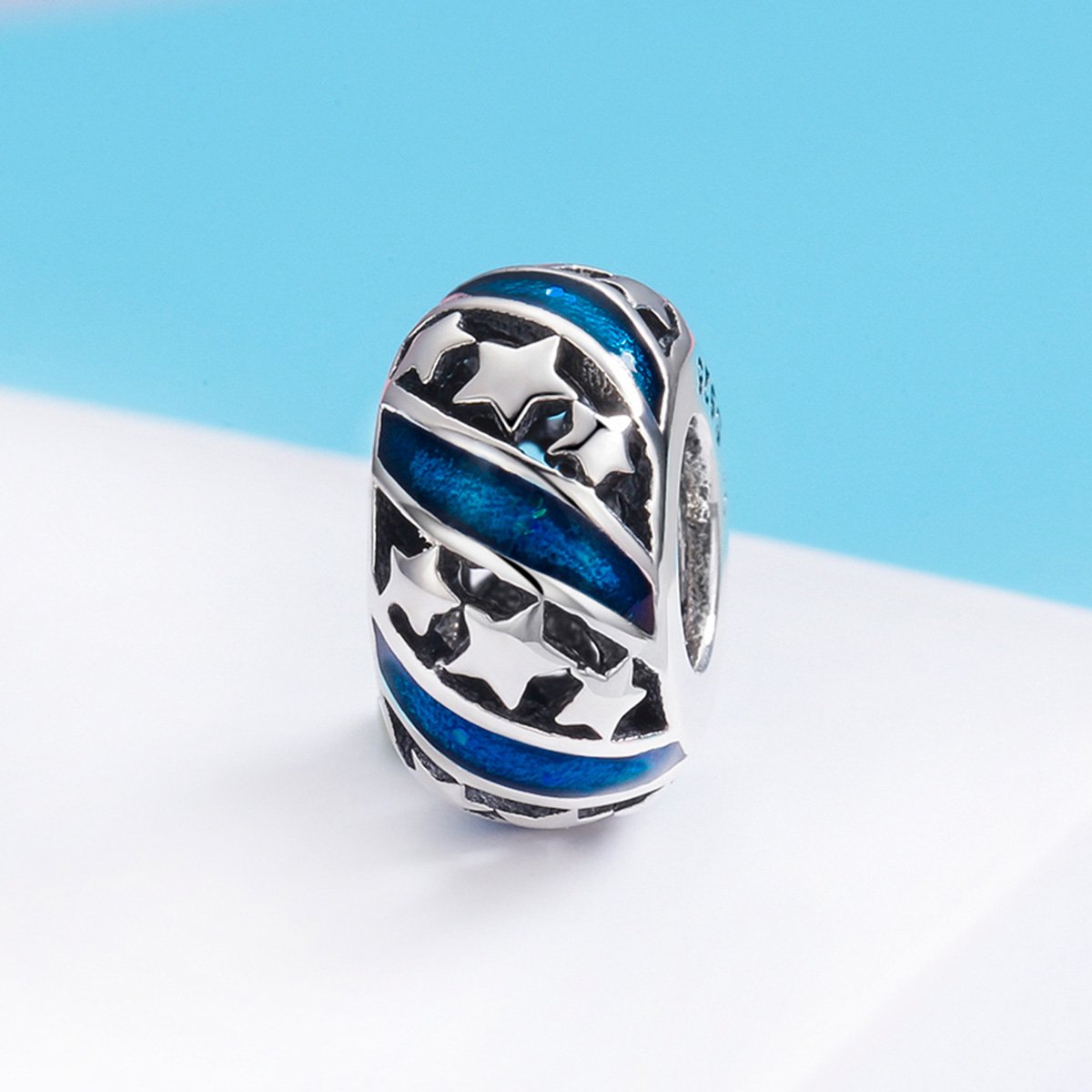 Genuine 925 Sterling Silver Sparkling Star Blue Enamel Spacer Beads fit Women Bracelet Bangles DIY Fine Jewelry SCC636