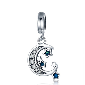 Authentic 925 Sterling Silver Sparkling Sky Moon & Star Clear CZ Dangle Charm fit Charm Bracelet Fine Jewelry Gift SCC639