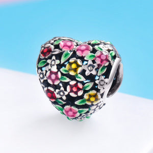 Summer Collection 100% 925 Sterling Silver Valley Of Flowers Heart Charm Beads fit Women Bracelet DIY Jewelry Gift SCC646