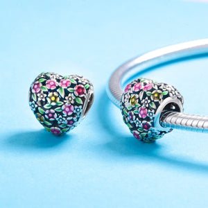 Summer Collection 100% 925 Sterling Silver Valley Of Flowers Heart Charm Beads fit Women Bracelet DIY Jewelry Gift SCC646