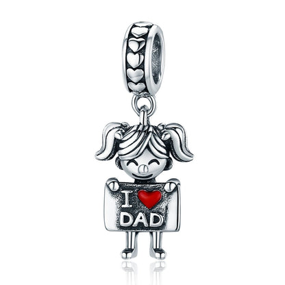 Authentic 925 Sterling Silver I Love Dad Mom Lovely Girl Charm Pendant fit Charm Bracelet & Necklaces Jewelry SCC690