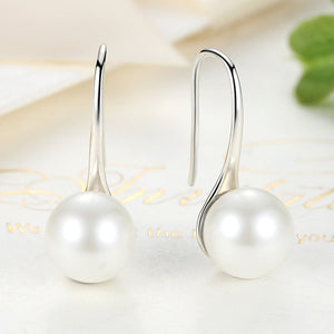 925 Sterling Silver Elegant Round Simulated Pure Love Pearl Drop Earrings for Women Fine Jewelry Brincos SCE037