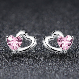 925 Sterling Silver Double Heart to Heart Pink CZ Stud Earrings for Women Fine Jewelry SCE090