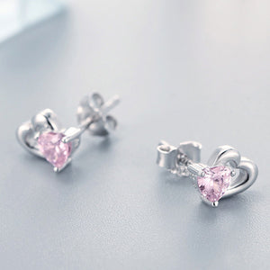 925 Sterling Silver Double Heart to Heart Pink CZ Stud Earrings for Women Fine Jewelry SCE090