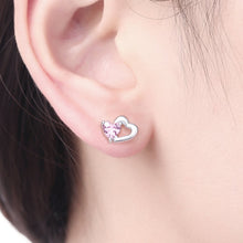 Load image into Gallery viewer, 925 Sterling Silver Double Heart to Heart Pink CZ Stud Earrings for Women Fine Jewelry SCE090