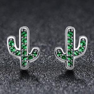 925 Sterling Silver Dazzling Green Cactus Crystal Stud Earrings for Women Authentic Silver Jewelry SCE097