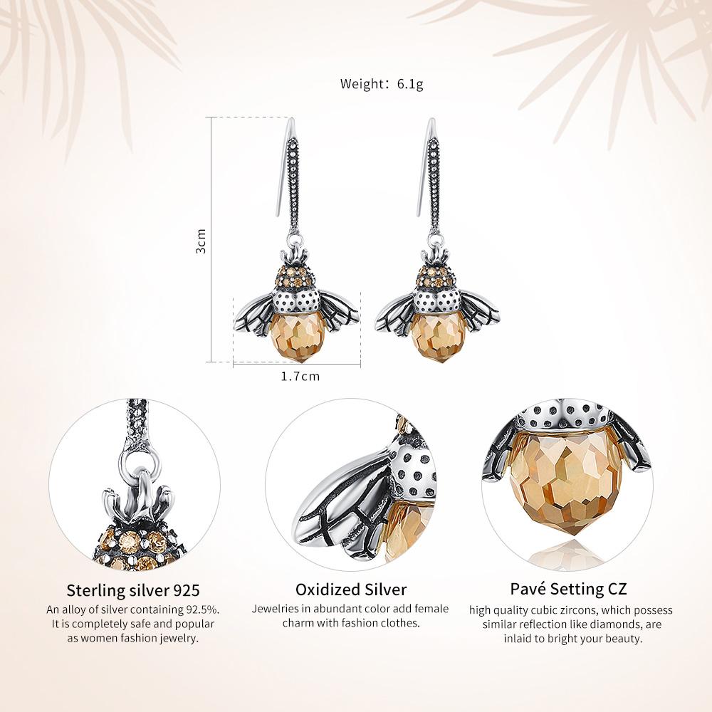 925 Sterling Silver Lovely Orange Bee Animal Drop Earrings for Women Fine Jewelry Gift SCE149