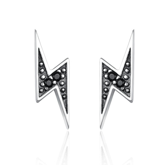 925 Sterling Silver Exquisite Lightning & Black Cubic Zircon CZ Stud Earrings for Women Fine Jewelry SCE156