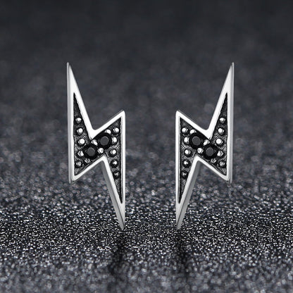 925 Sterling Silver Exquisite Lightning & Black Cubic Zircon CZ Stud Earrings for Women Fine Jewelry SCE156