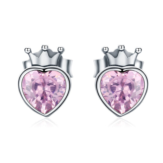 925 Sterling Silver Sweet Pink Heart of Crown Stud Earrings for Women Luxury Silver Jewelry SCE174