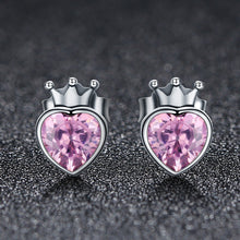 Load image into Gallery viewer, 925 Sterling Silver Sweet Pink Heart of Crown Stud Earrings for Women Luxury Silver Jewelry SCE174