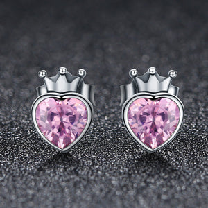 925 Sterling Silver Sweet Pink Heart of Crown Stud Earrings for Women Luxury Silver Jewelry SCE174