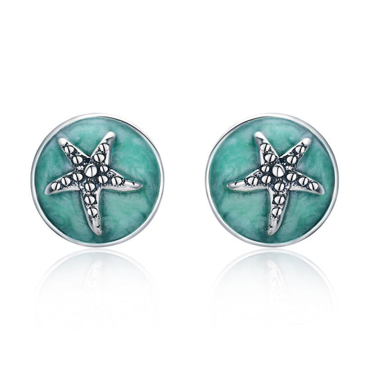 100% 925 Sterling Silver Fantasy Starfish Round Small Stud Earrings for Women Clear CZ Fashion Earrings Jewelry SCE205