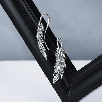 Authentic 925 Sterling Silver Vintage Feather Wings Long Drop Earrings for Women Sterling Silver Jewelry Brincos SCE215