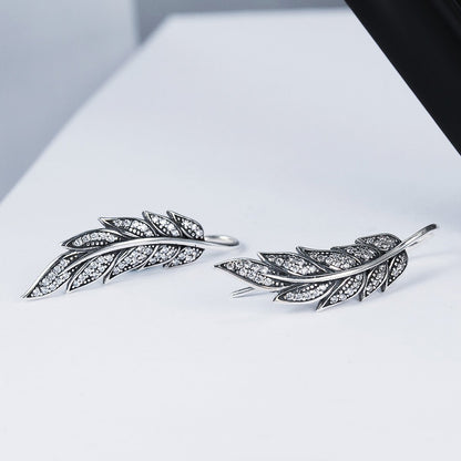 Authentic 925 Sterling Silver Vintage Feather Wings Long Drop Earrings for Women Sterling Silver Jewelry Brincos SCE215