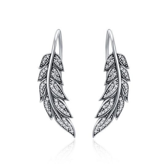 Authentic 925 Sterling Silver Vintage Feather Wings Long Drop Earrings for Women Sterling Silver Jewelry Brincos SCE215