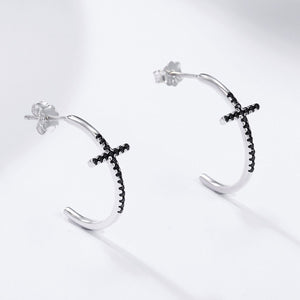 Popular 100% 925 Sterling Silver Classic Cross Black CZ Drop Earrings for Women Sterling Silver Jewelry Brincos SCE262