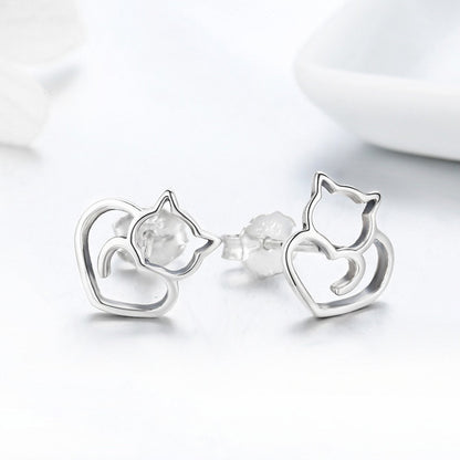Authentic 925 Sterling Silver Cute Cat Small Stud Earrings for Women Fashion Sterling Silver Jewelry SCE271